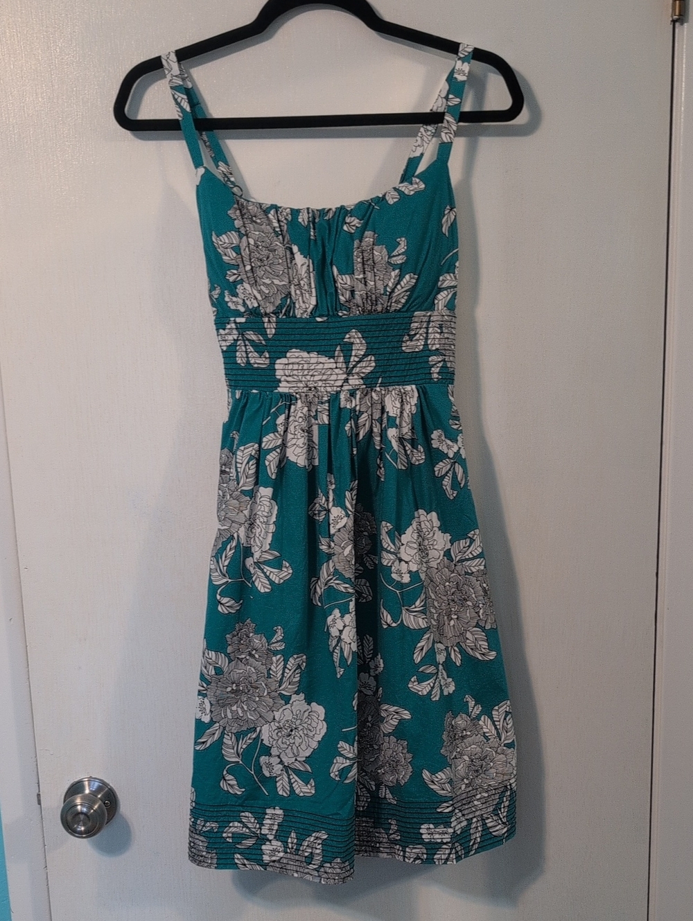 dressbarn Teal Floral Midi Sundress with Smocked Waist